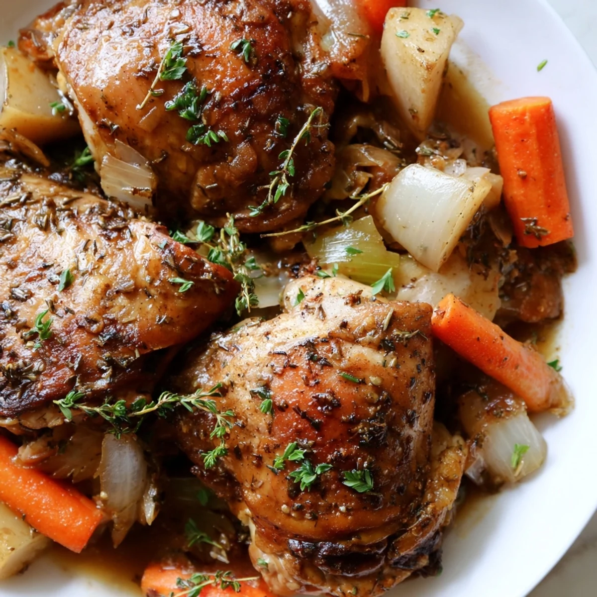 Tender slow cooker chicken dinner with carrots, potatoes, and savory herb sauce in a bowl