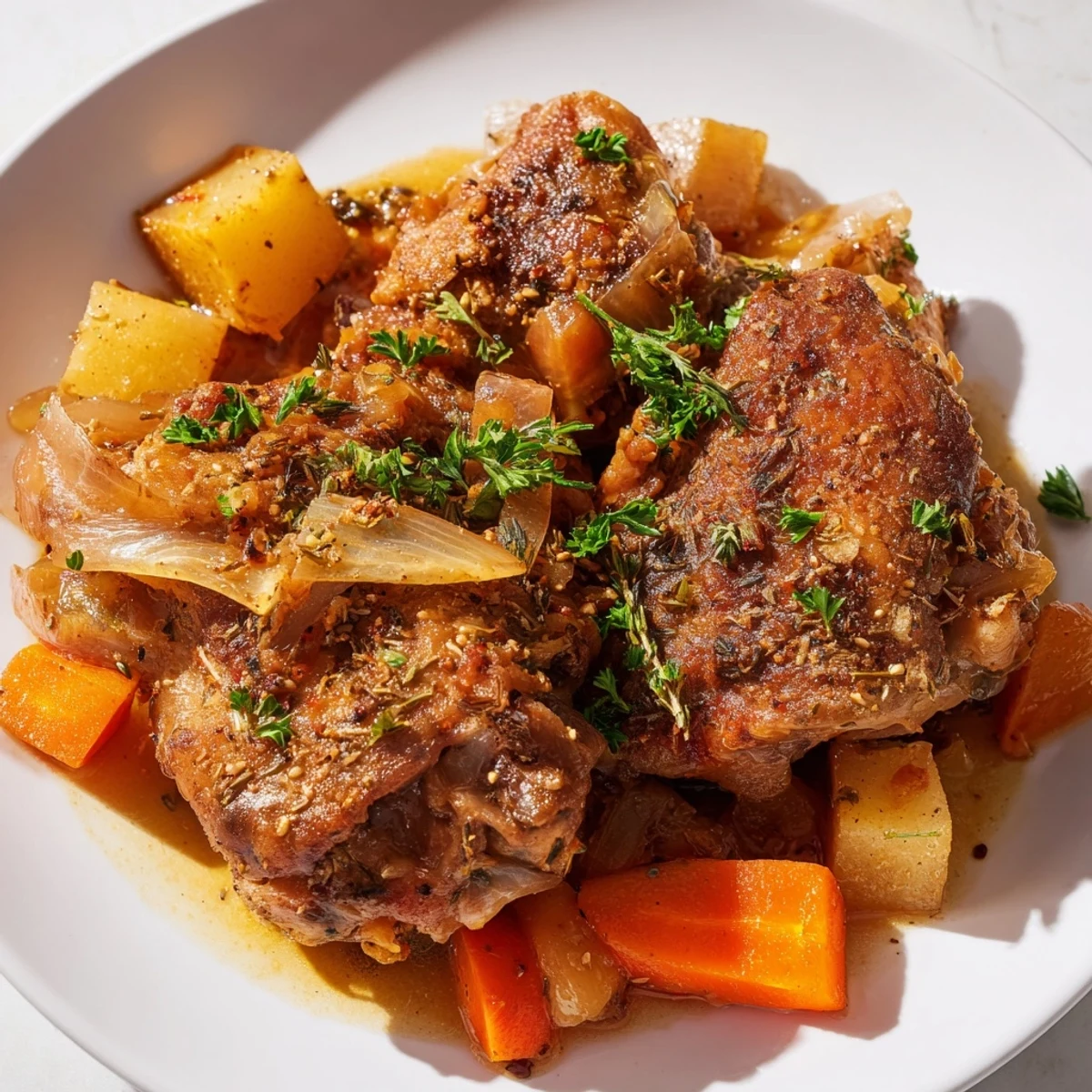 Golden brown slow cooker chicken dinner served over tender vegetables with fresh parsley garnish