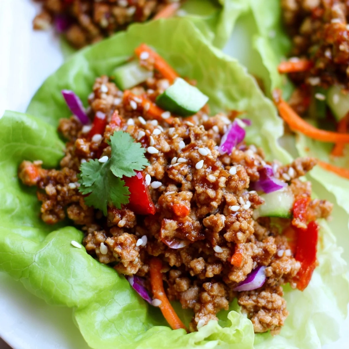 Seasoned ground turkey mixture spooned into crisp romaine lettuce cups with fresh vegetables