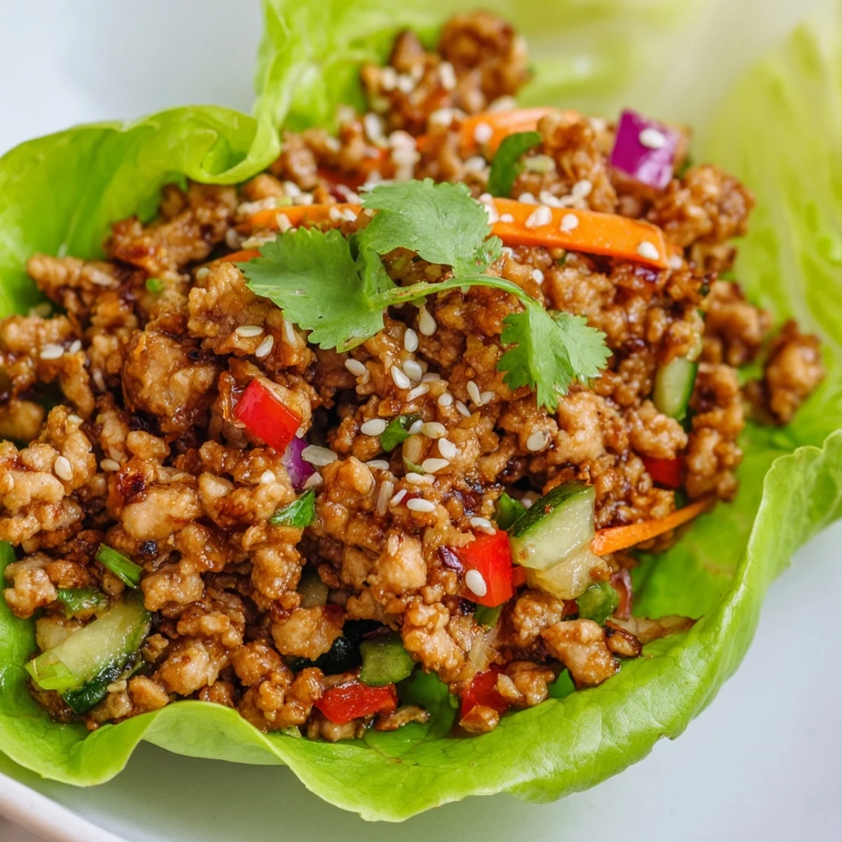 Healthy ground turkey lettuce wrap bowls topped with sesame seeds and cilantro