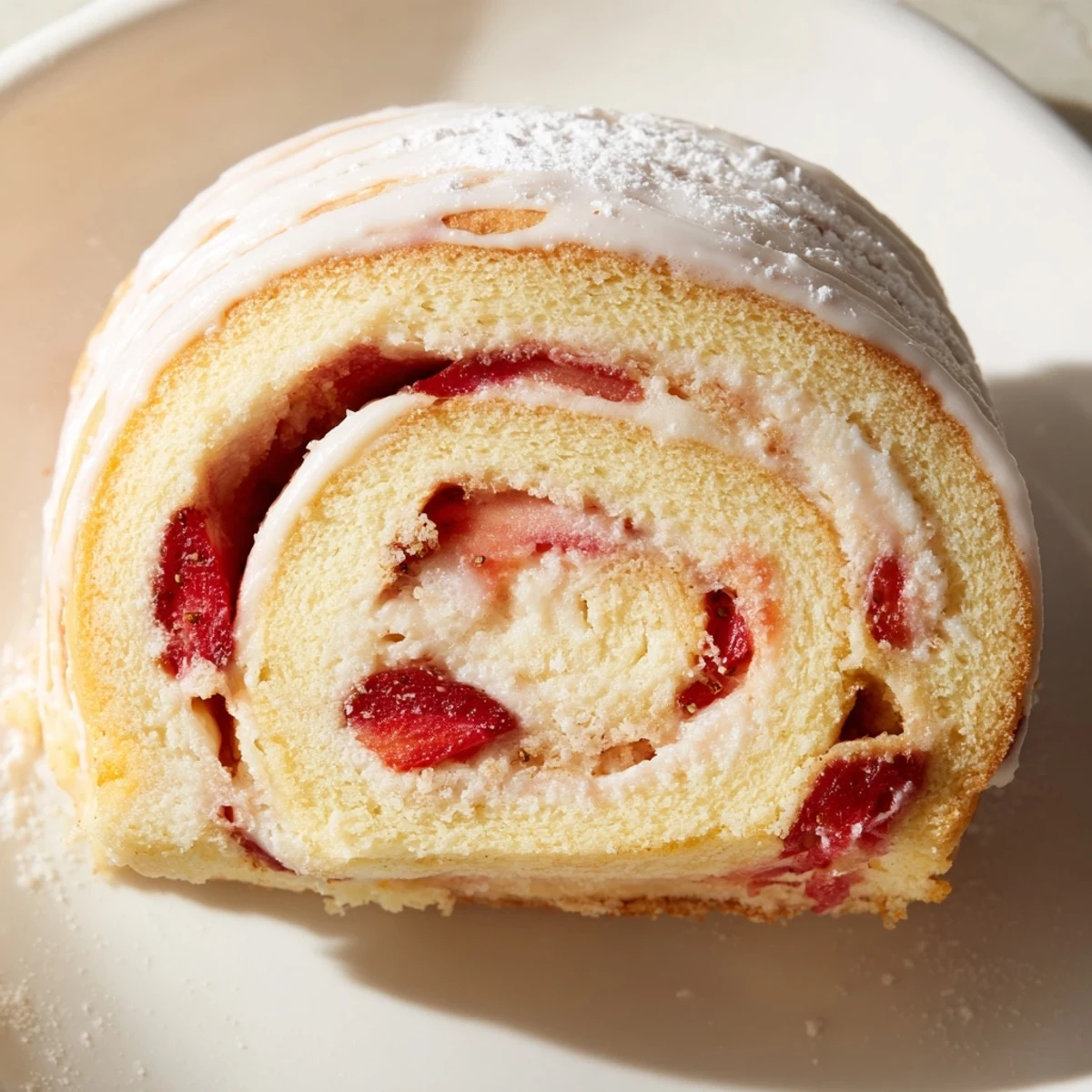 Golden Strawberry Shortcake Cheesecake Rolls drizzled with sweet vanilla glaze on a white plate