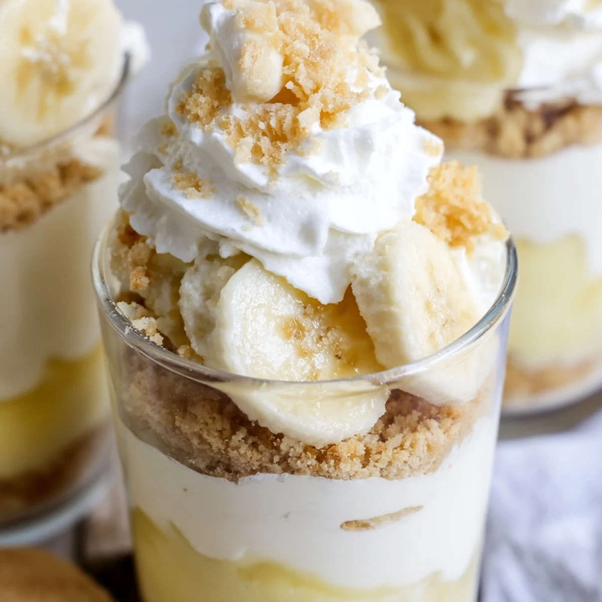 Individual no bake banana pudding cheesecake cups topped with fresh banana slices and whipped cream