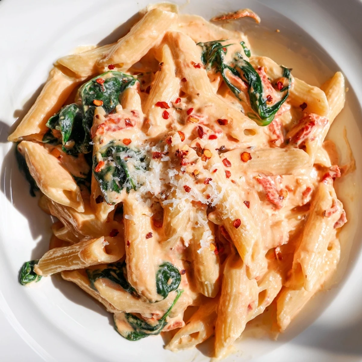 Creamy sun dried tomato spinach pasta in a skillet with velvety sauce coating every tender noodle