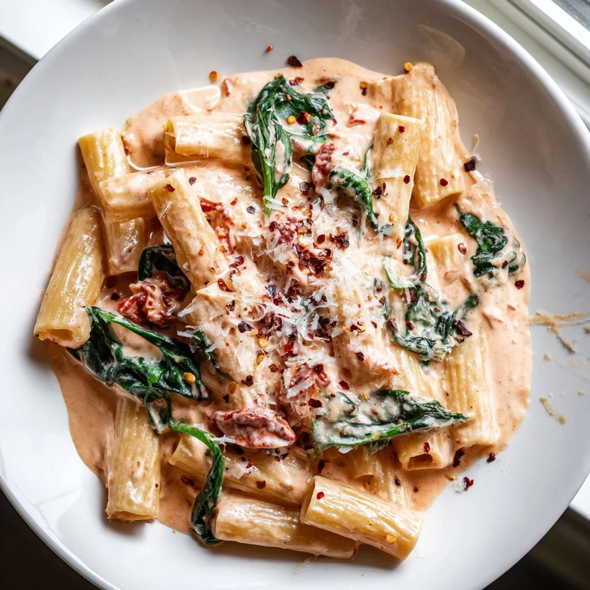 One pan creamy sun dried tomato spinach pasta topped with grated Parmesan and vibrant green leaves