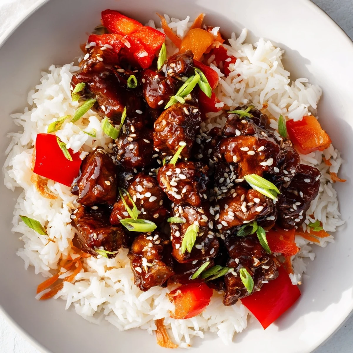 One Pan Korean BBQ Chicken and Rice served in a cast iron skillet with sesame garnish
