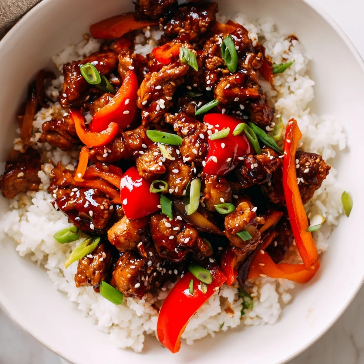 Tender glazed chicken and fluffy rice studded with colorful vegetables in a single pan