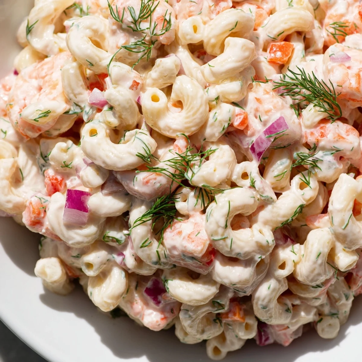 Creamy shrimp macaroni salad in a white bowl with tender pink shrimp and crisp colorful vegetables