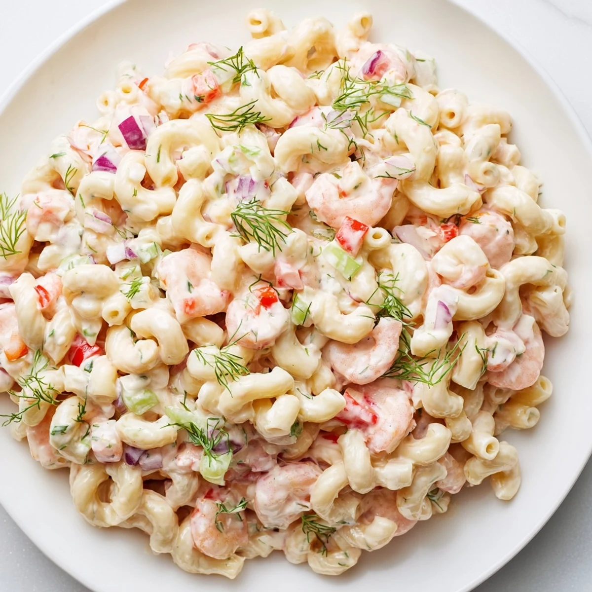 Chilled shrimp macaroni salad topped with fresh dill and served on a rustic wooden table