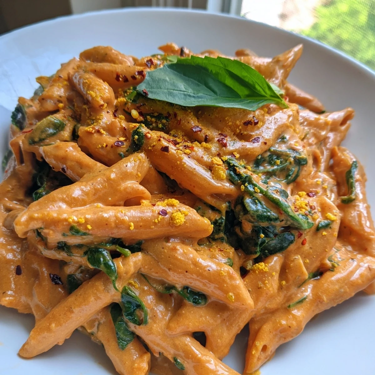 Creamy sun dried tomato vegan pasta twirled in a rich orange cashew sauce with fresh basil leaves