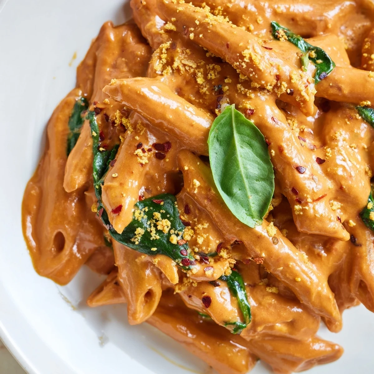 Warm bowl of creamy sun dried tomato vegan pasta topped with wilted spinach and red pepper flakes