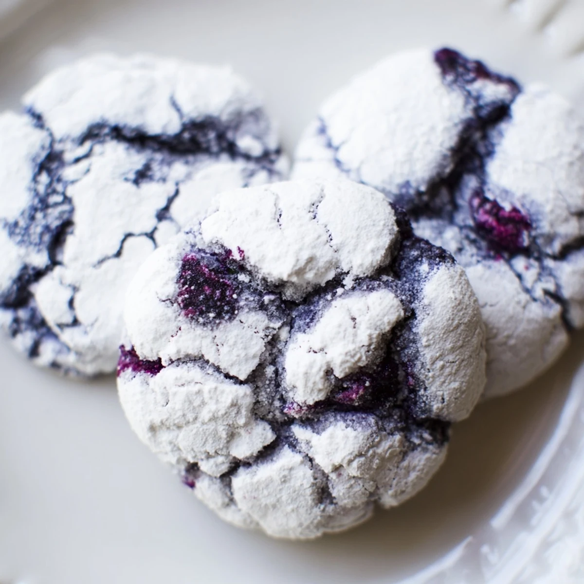 Soft blueberry crinkle cookies with powdered sugar coating and cracked surfaces on rustic baking sheet