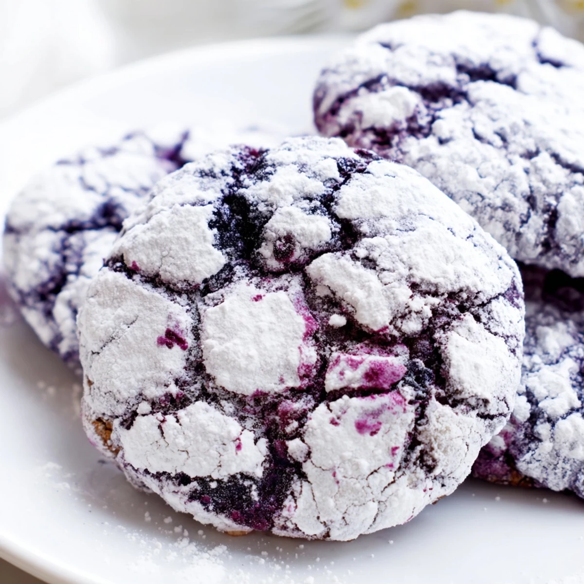 Golden-edged blueberry crinkle cookies dusted in white sugar revealing purple berry pockets throughout