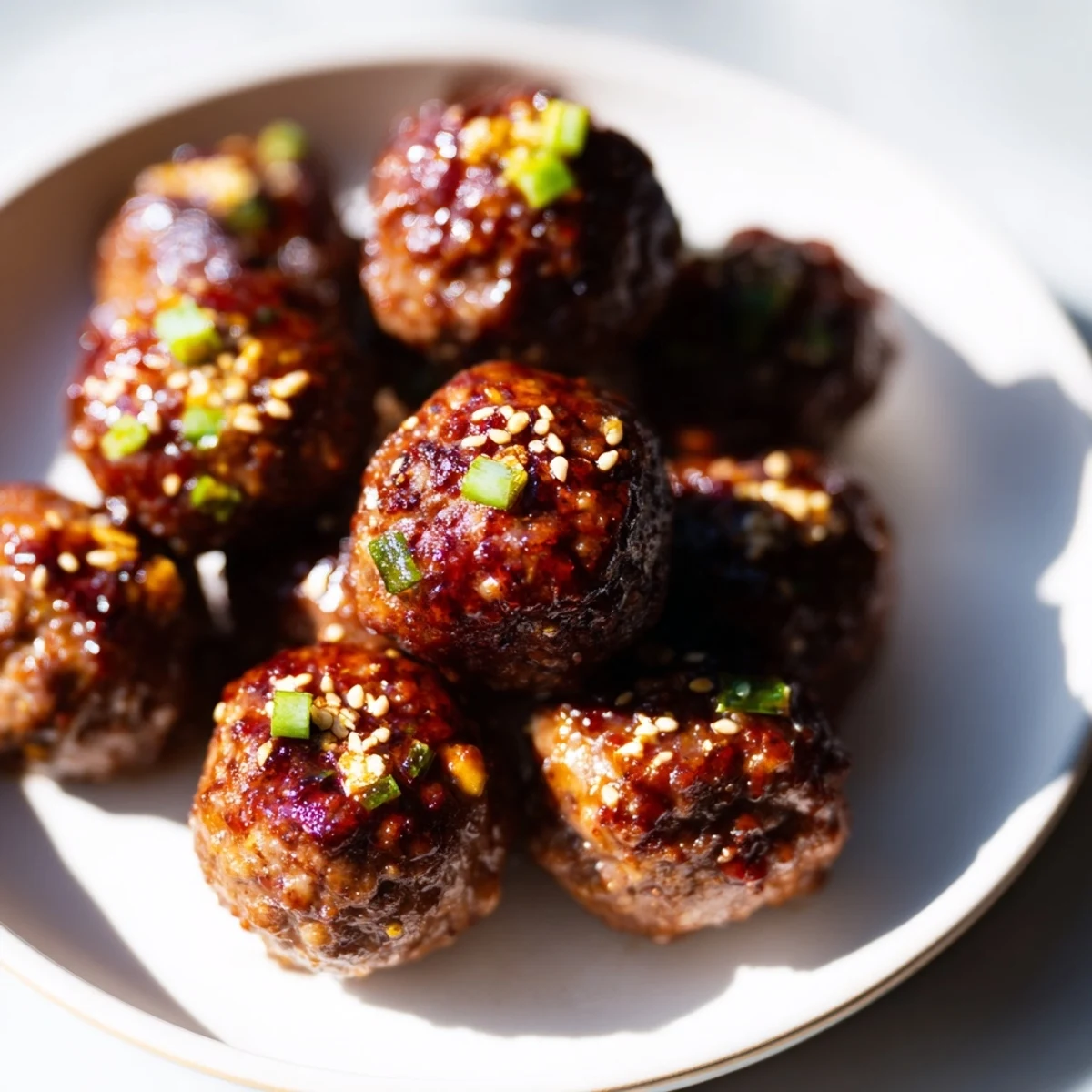 Golden Korean BBQ meatballs with sesame seeds served alongside creamy orange spicy mayo dip