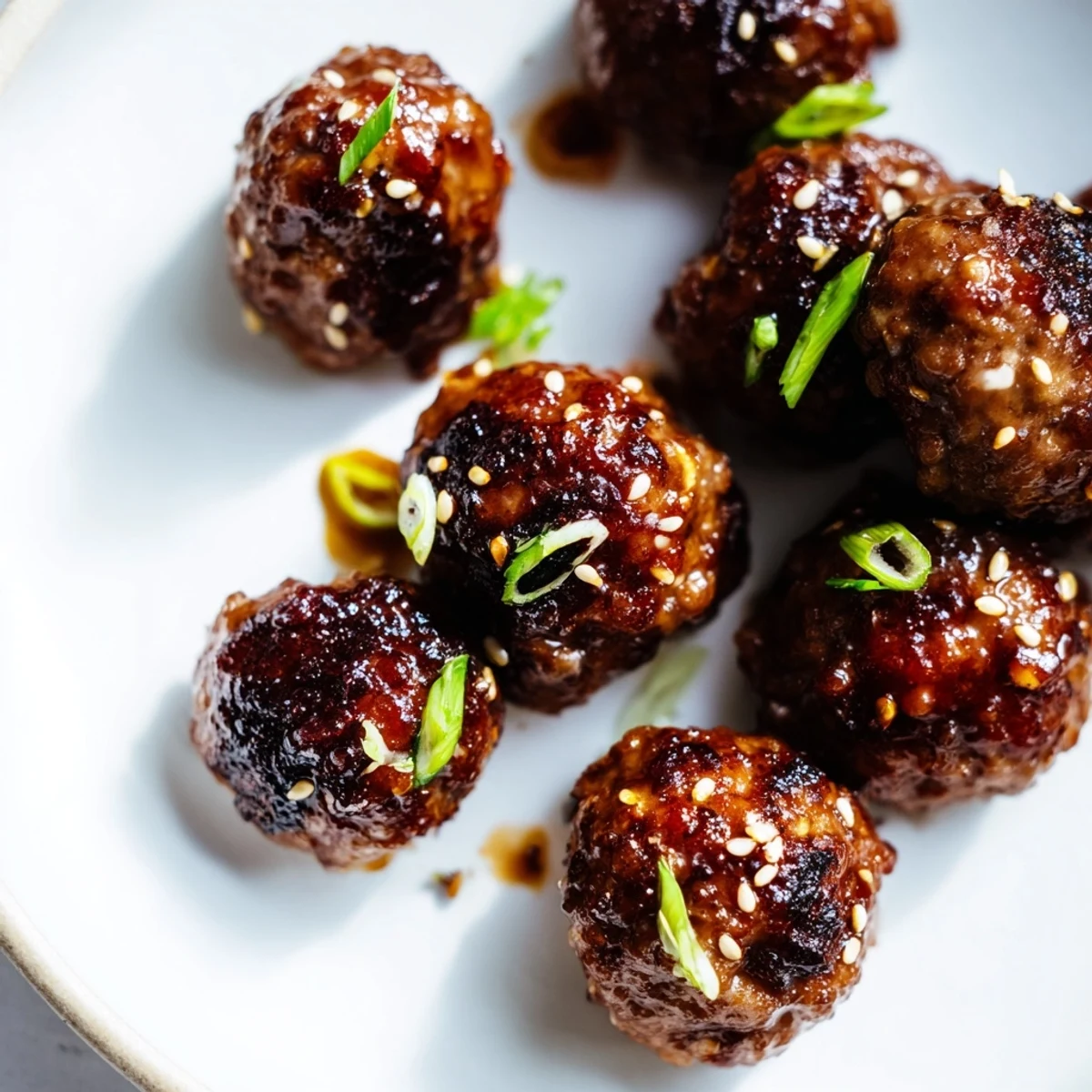 Juicy baked Korean BBQ meatballs glazed and garnished with green onions on white platter