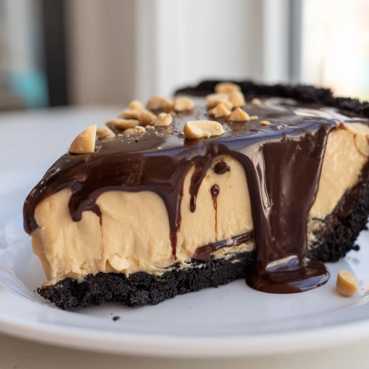 Creamy no bake peanut butter pie with chocolate ganache drizzle on a dark cookie crust