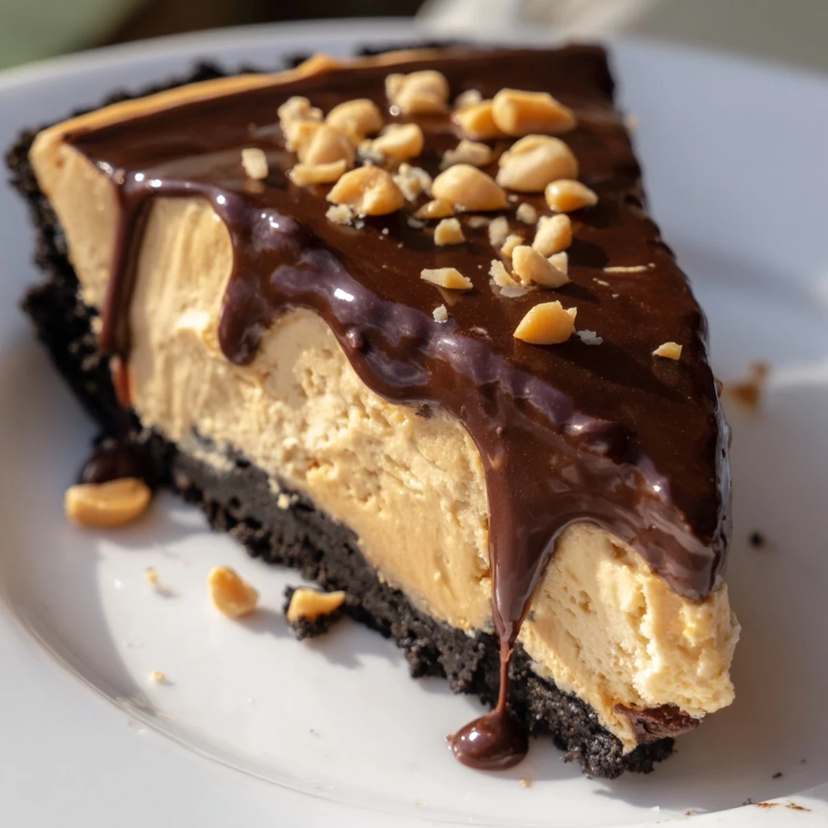 Silky no bake peanut butter pie slice topped with chopped peanuts and chocolate shavings