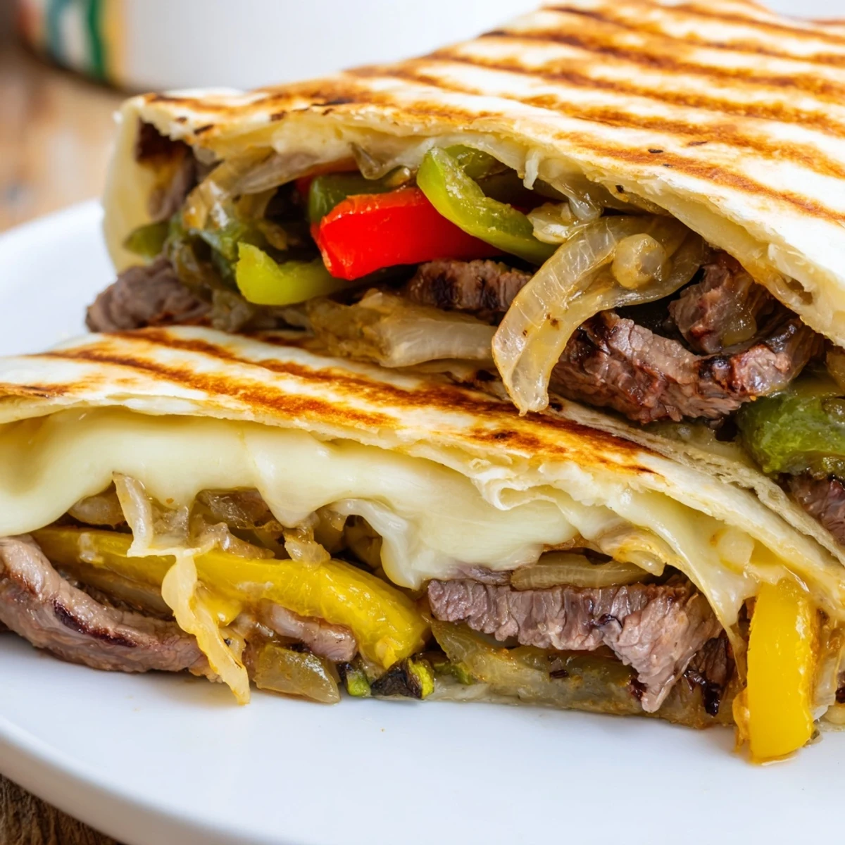 Golden crispy Philly cheesesteak grilled wraps with melted provolone cheese and colorful sautéed peppers