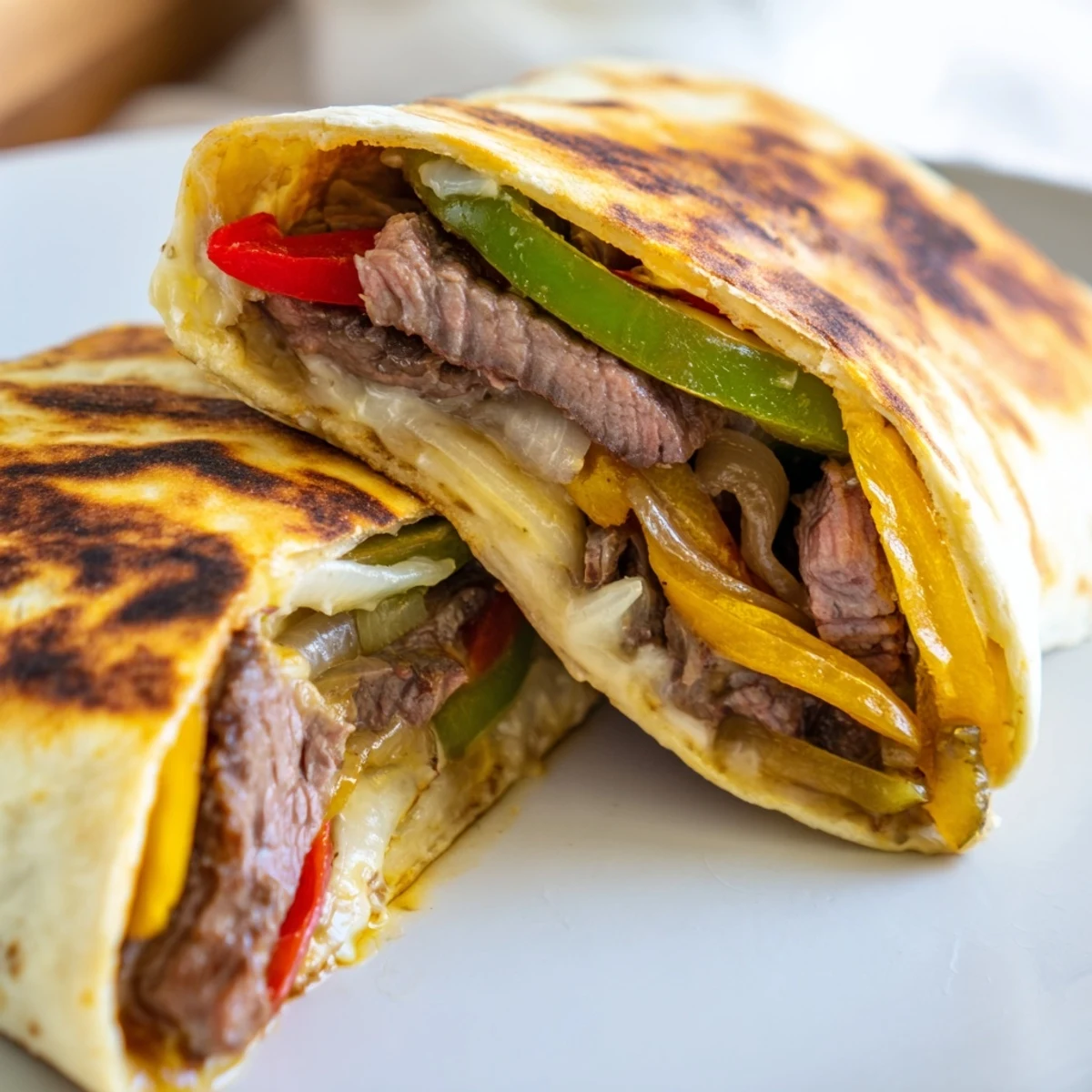 Crispy Philly cheesesteak grilled wraps sliced open showing tender beef and gooey melted cheese