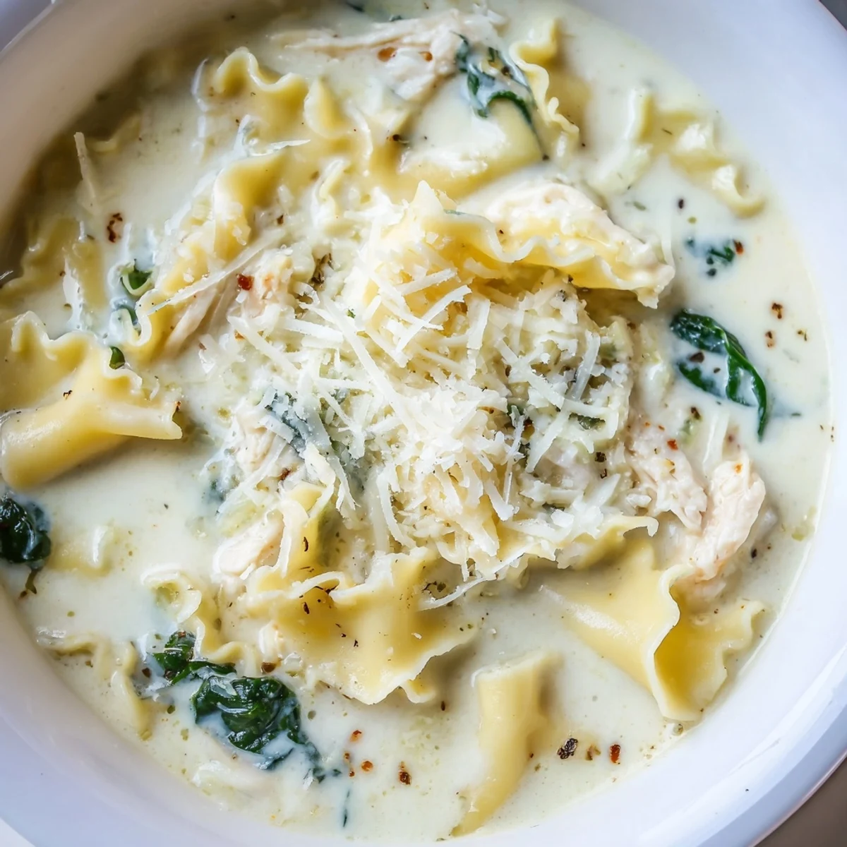 Creamy white lasagna soup with tender noodles and melted cheese in a white bowl