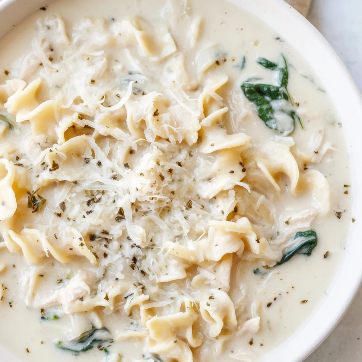 Steaming bowl of white lasagna soup topped with grated Parmesan and cracked pepper