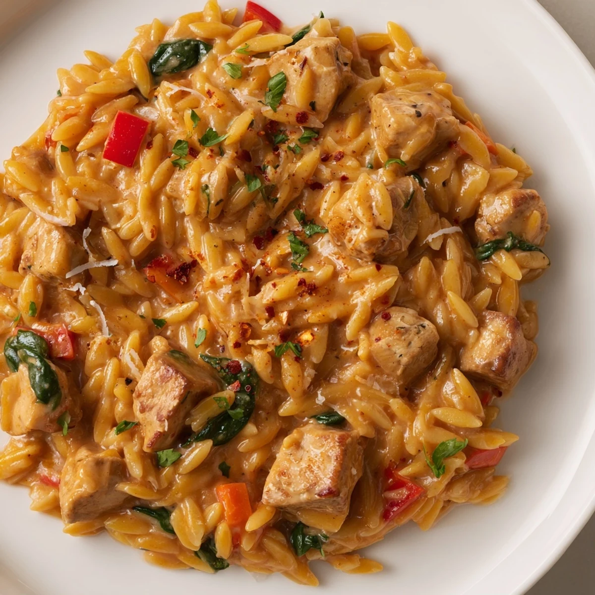 Creamy One Pot Cajun Chicken Alfredo Orzo with tender seared chicken and melted Parmesan in a cast iron skillet