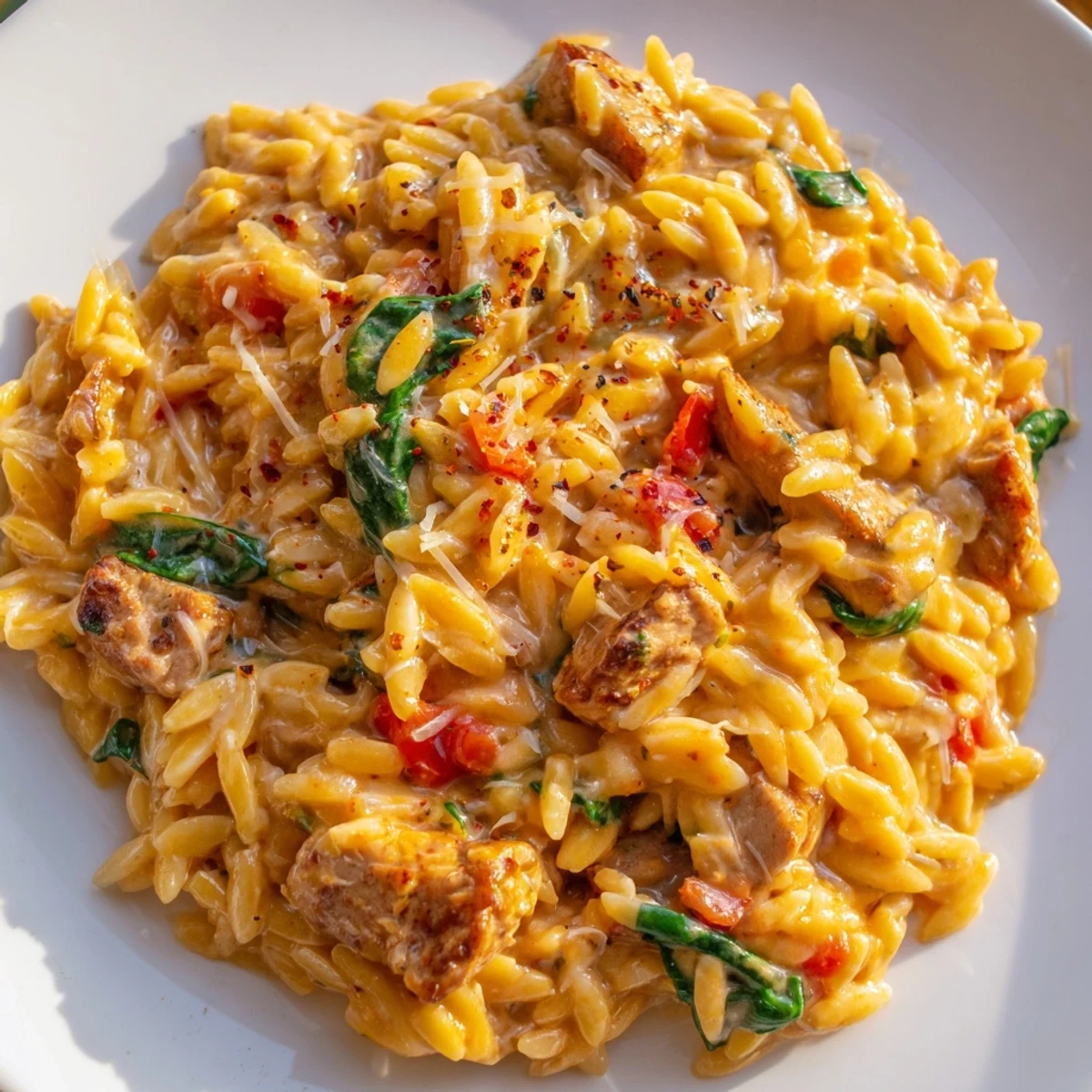 Steaming bowl of One Pot Cajun Chicken Alfredo Orzo garnished with fresh parsley and red pepper flakes