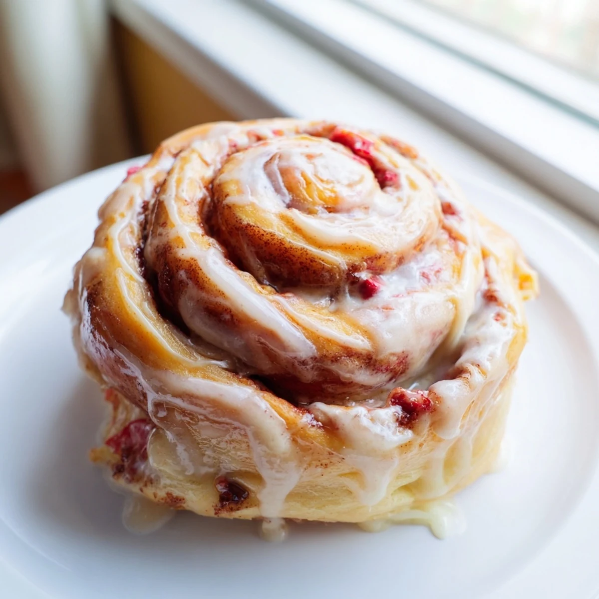 Golden Strawberry Cheesecake Cinnabon Rolls drizzled with creamy vanilla glaze on a white plate