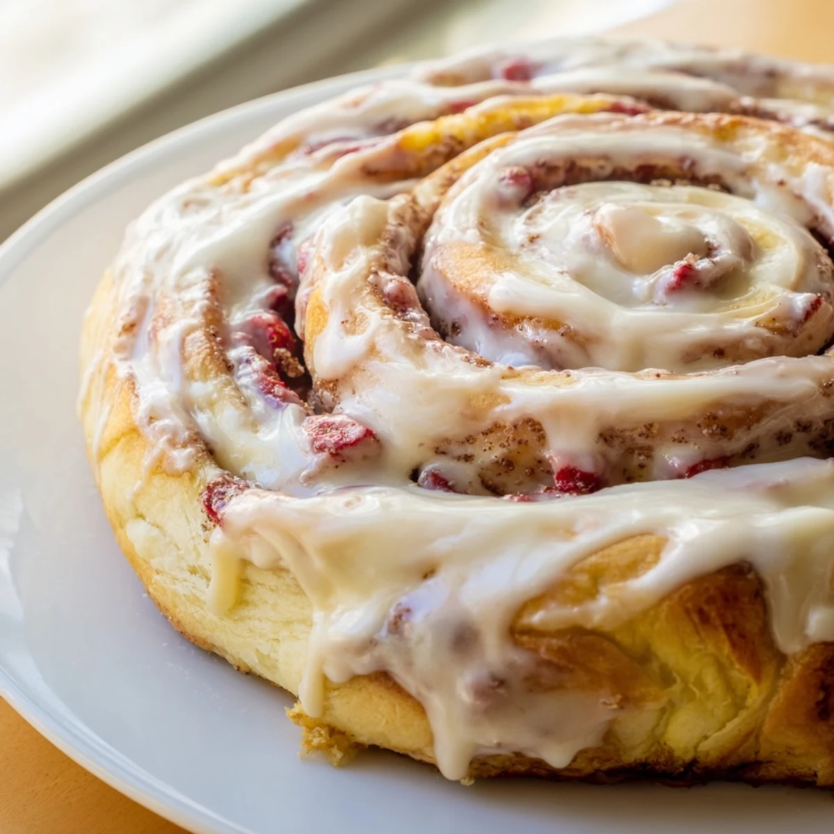 Swirled Strawberry Cheesecake Cinnabon Rolls with glossy glaze, served warm from a baking dish