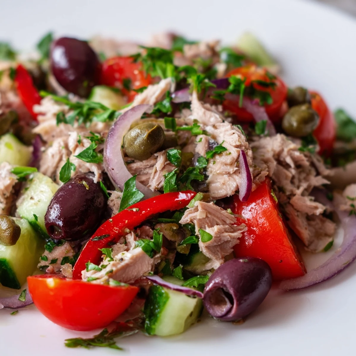 Mediterranean tuna salad in a bright white bowl with cherry tomatoes and olives