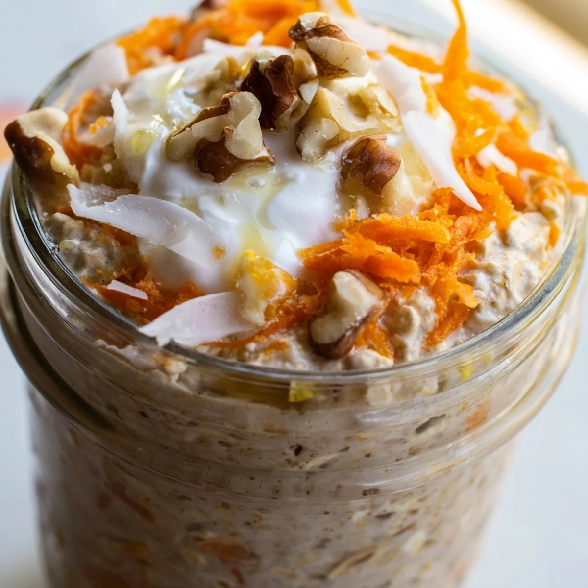 Creamy carrot cake overnight oats topped with crunchy walnuts in a glass jar
