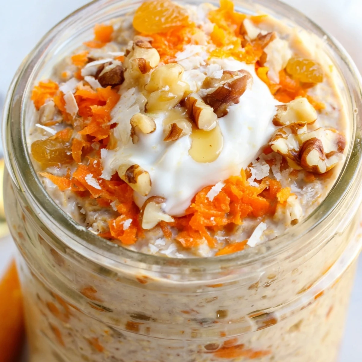 Spiced carrot cake overnight oats served cold with a drizzle of maple syrup