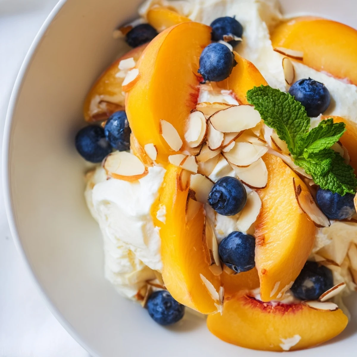 Creamy Peaches and Cream Salad topped with fresh mint in a clear glass bowl