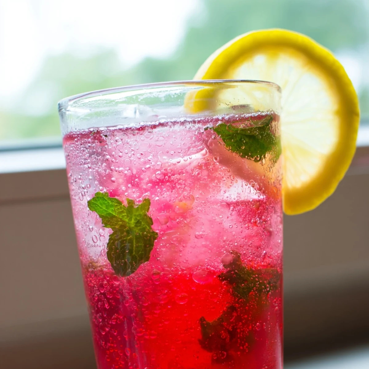 Pink Honey Lemon Soda in tall glasses with lemon slices, mint, and ice on a sunny patio table