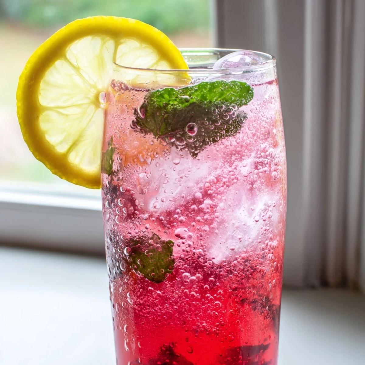 Sparkling Honey Lemon Pink Soda garnished with fresh mint leaves and ice for refreshing summer sipping