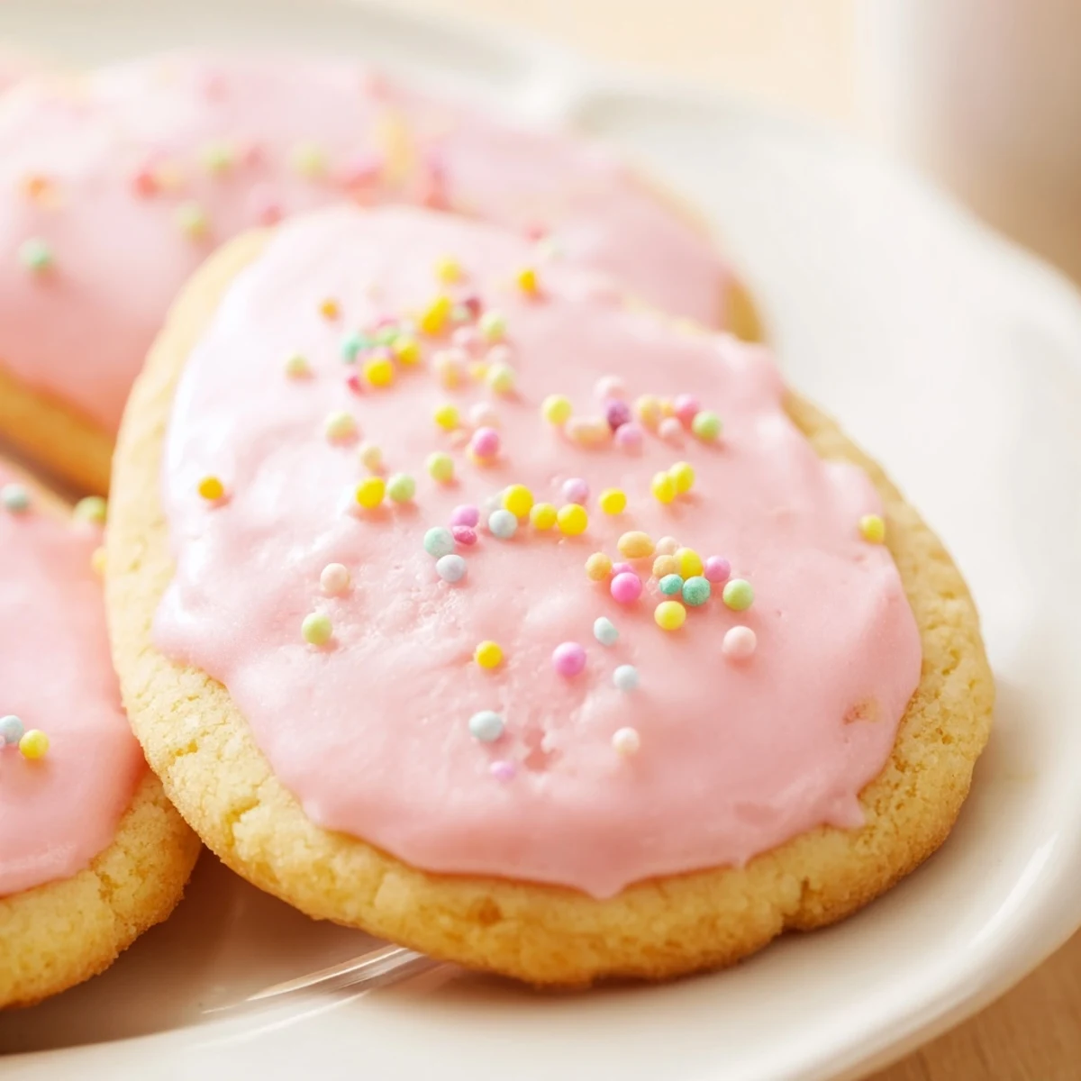 Decorated Spring Easter cookies with pastel pink and yellow icing on a rustic wooden serving board