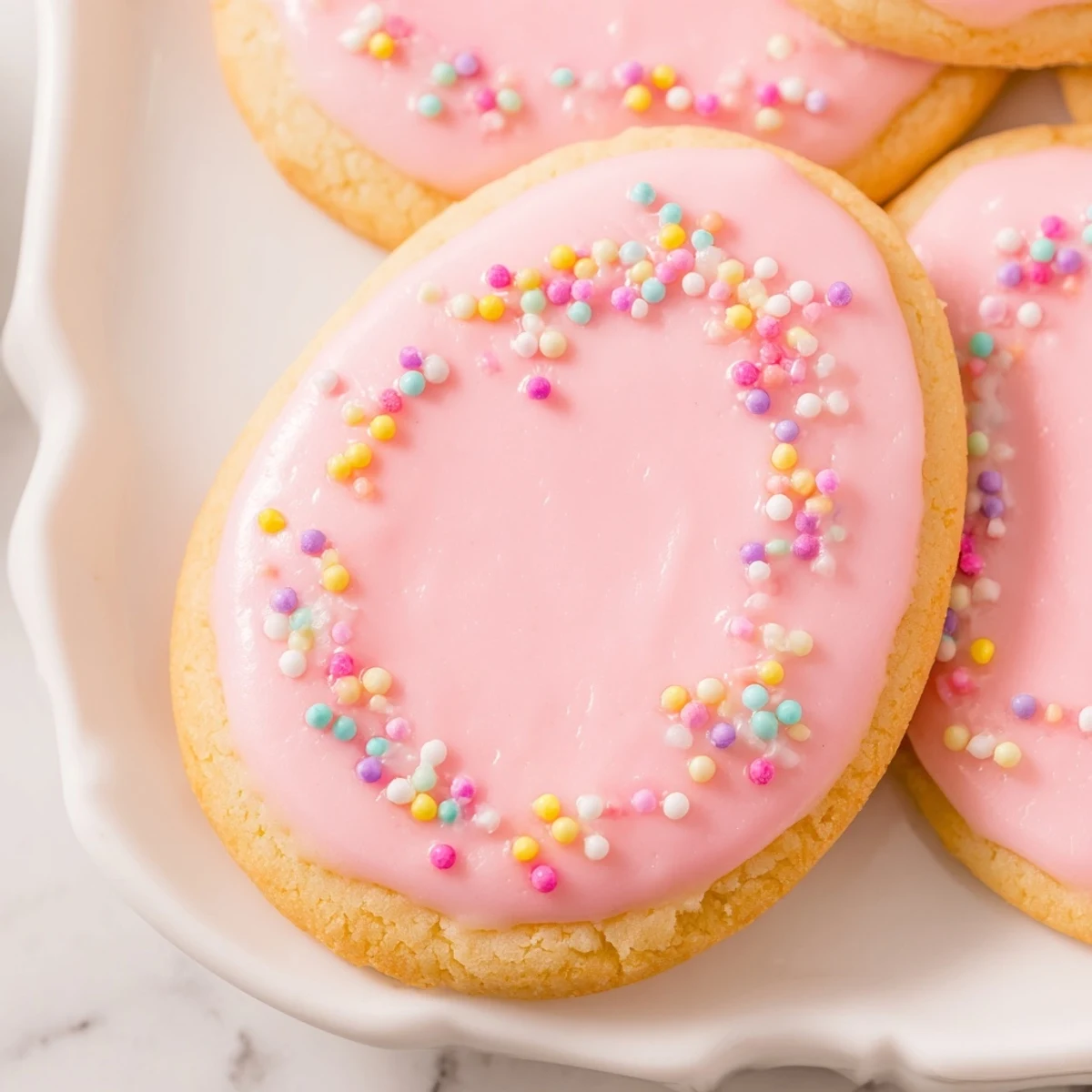 Bunny and egg-shaped Spring Easter cookies arranged on a white ceramic plate for holiday celebrating
