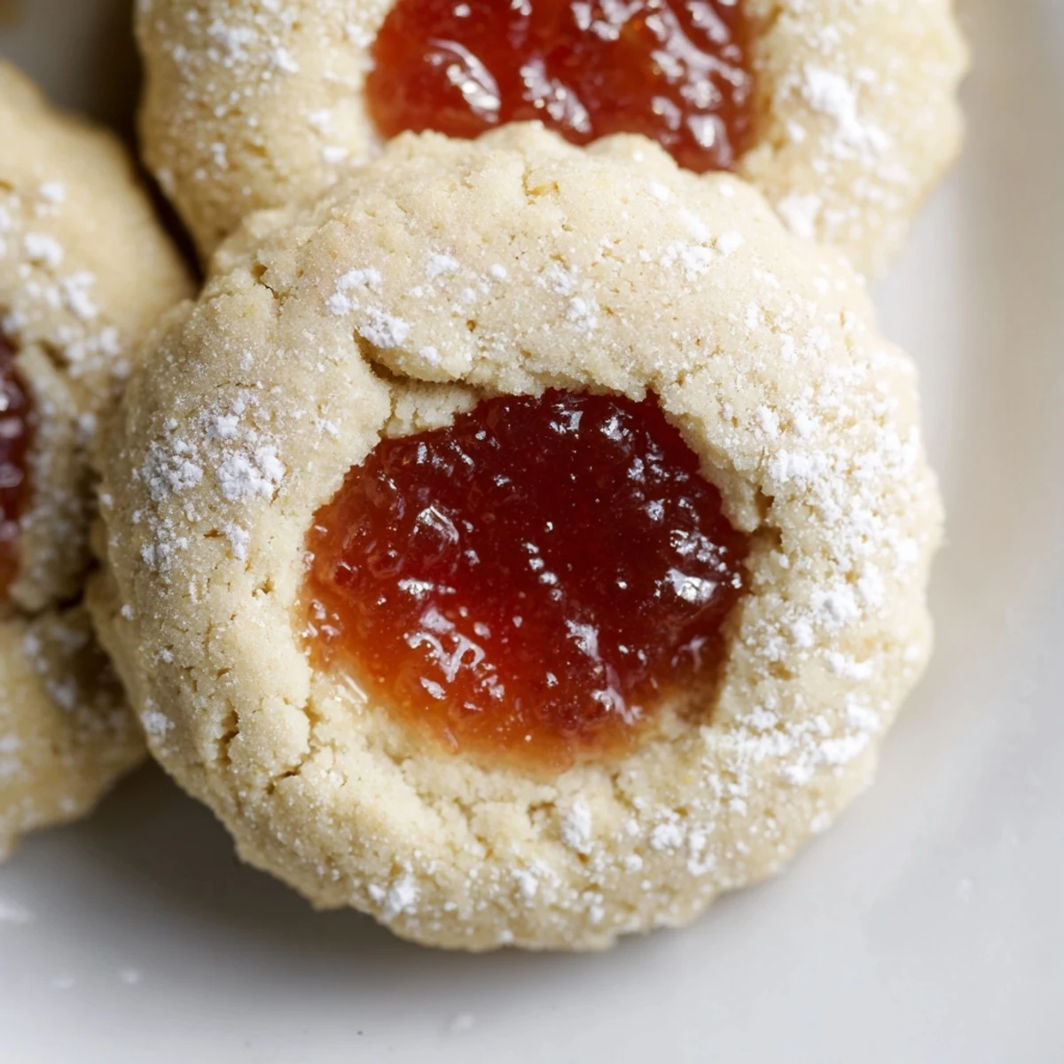 Golden flower jam thumbprint cookies with jewel-like centers on a rustic white serving plate