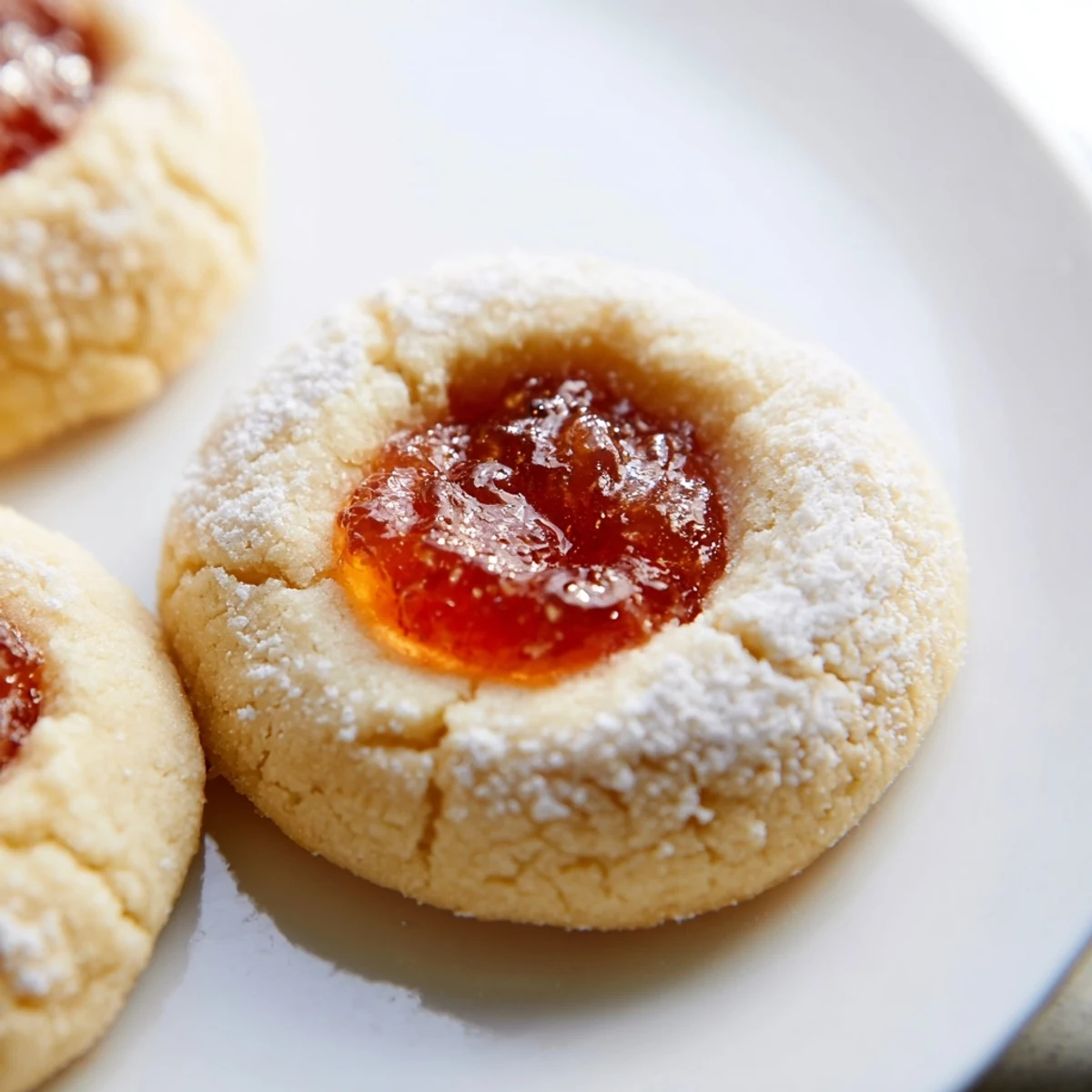 Delicate flower jam thumbprint cookies with fragrant rose-filled indentations cooling on a wire rack