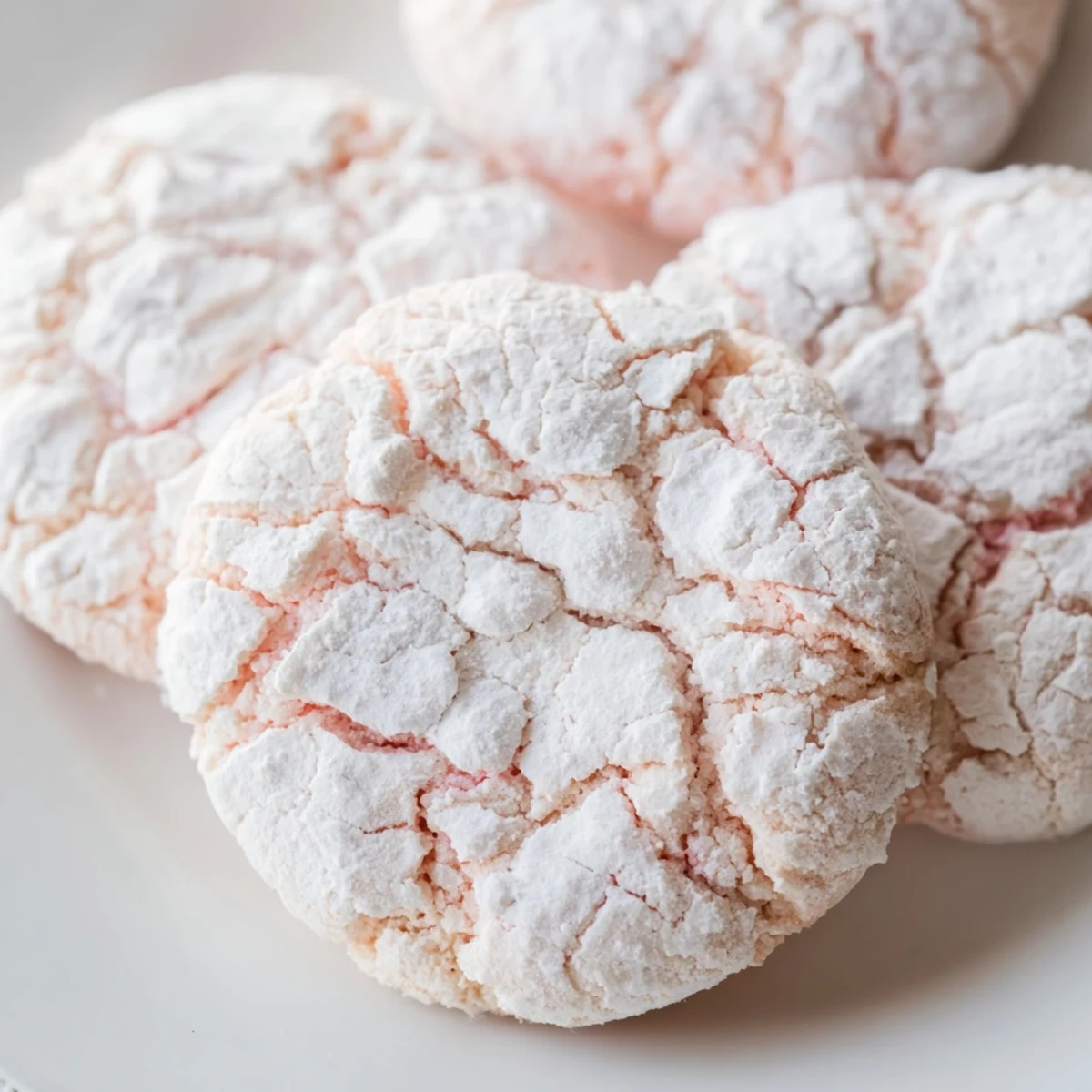 Soft pastel crinkle cookies with crackled powdered sugar coating on rustic white platter