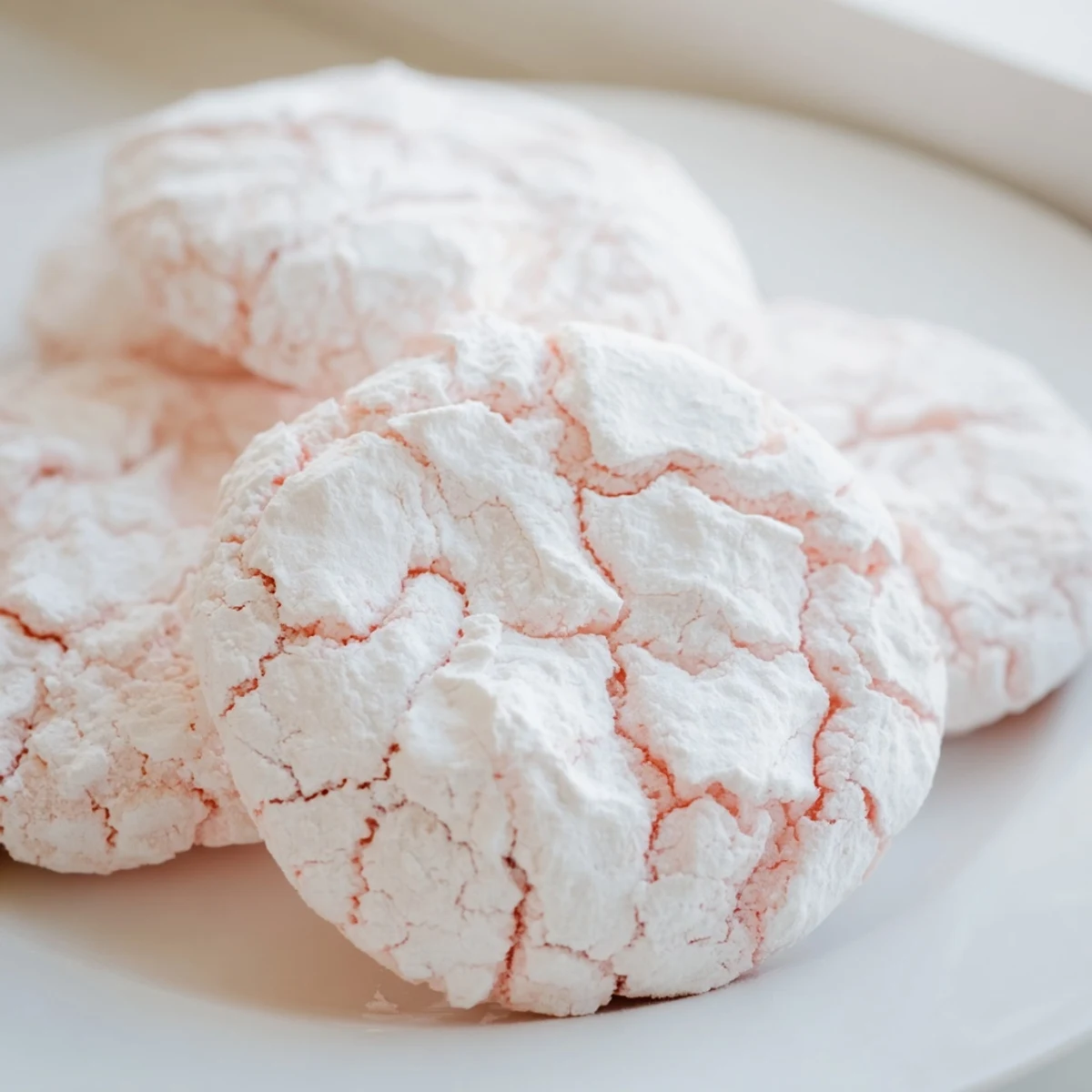 Delicate pink and blue crinkle cookies dusted in snowy powdered sugar ready for serving
