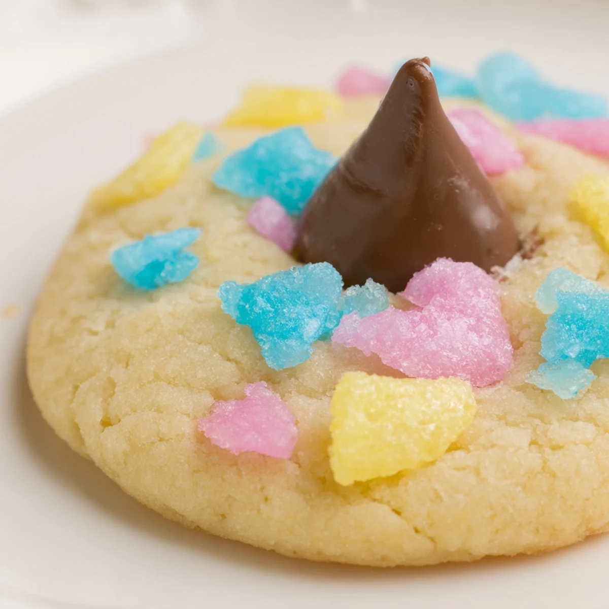 Soft Easter Blossom Cookies topped with colorful chocolate kisses and pastel sprinkles for spring celebrations.