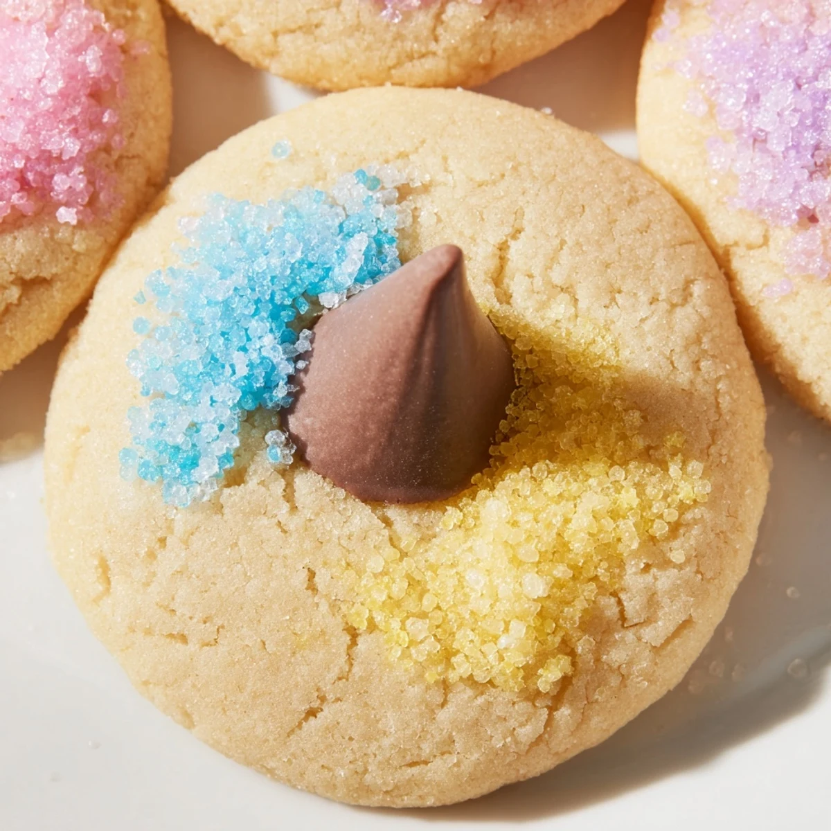 Golden Easter Blossom Cookies with melty chocolate centers and festive sprinkles arranged on a baking sheet.