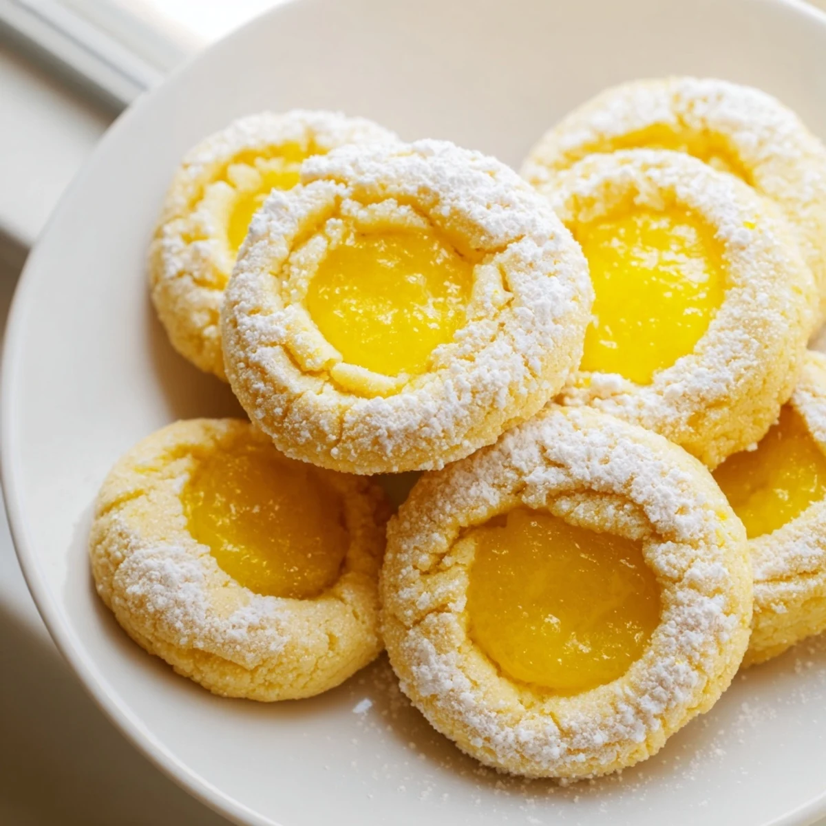 Golden lemon curd cookies with bright yellow filling on a rustic white ceramic plate