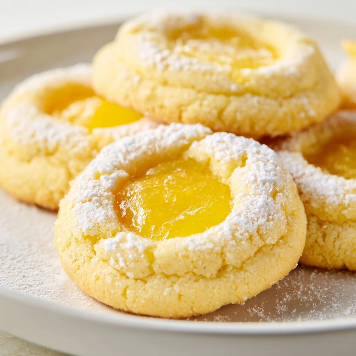 Buttery lemon curd cookies dusted with powdered sugar arranged on a cooling rack