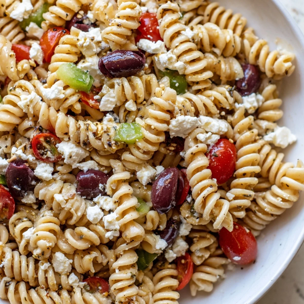 Greek pasta salad with crisp cucumbers, ripe tomatoes, and creamy feta in a zesty herb dressing