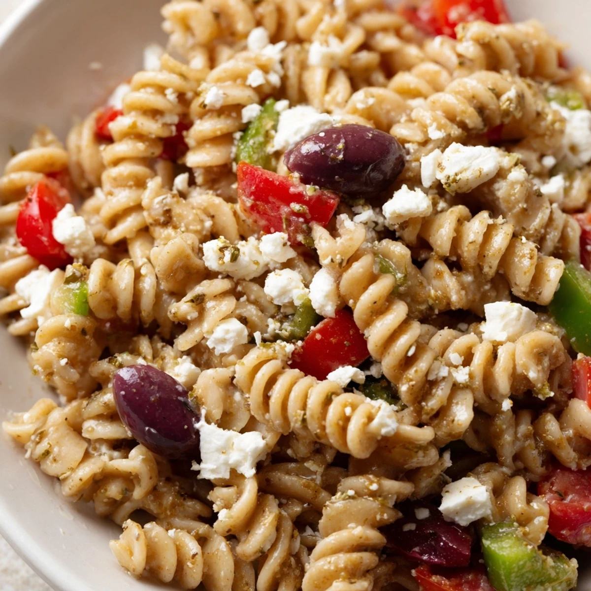 Colorful Greek pasta salad featuring fresh Mediterranean vegetables, olives, and tangy crumbled feta cheese