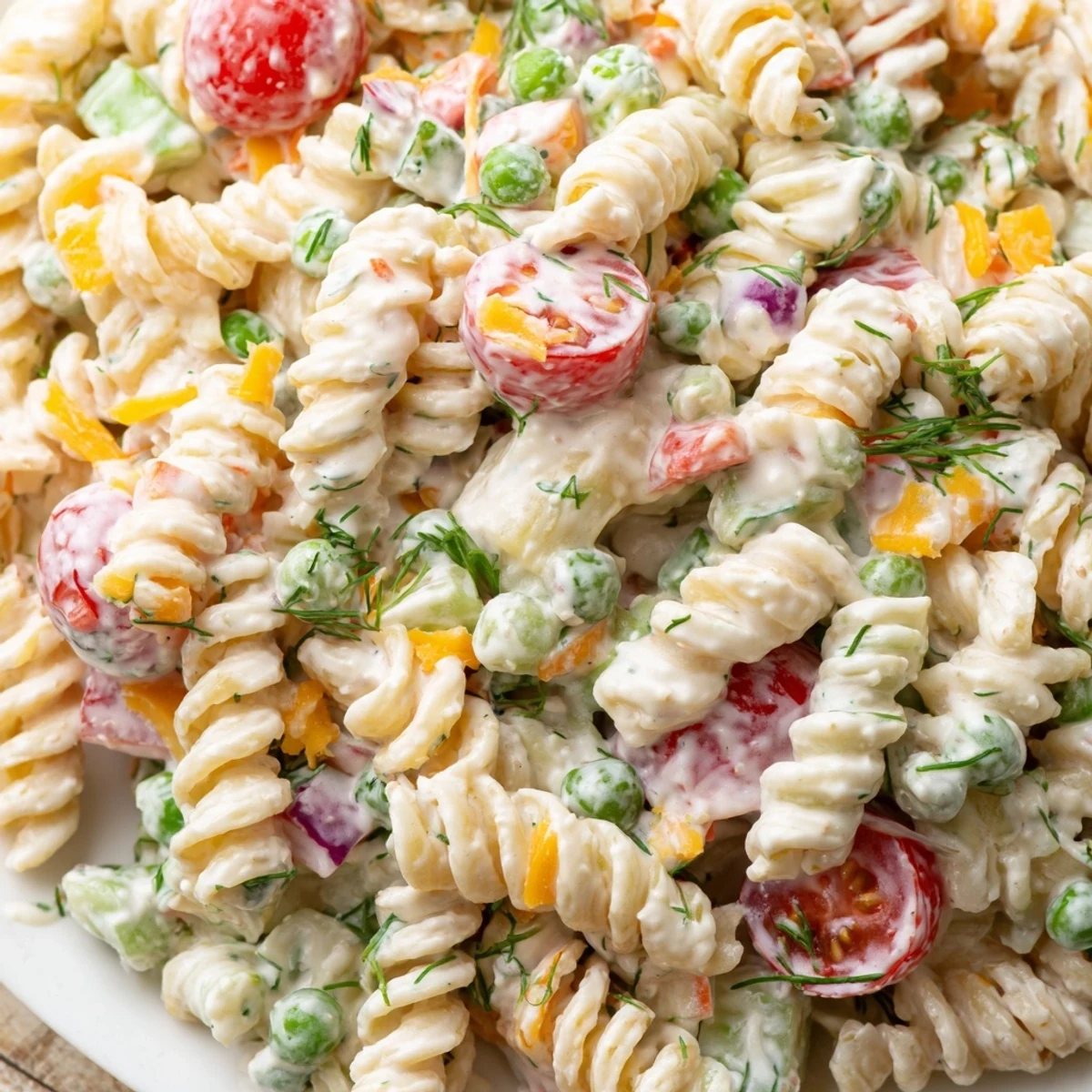 Creamy Ranch Pasta Salad in a white serving bowl with colorful fresh vegetables