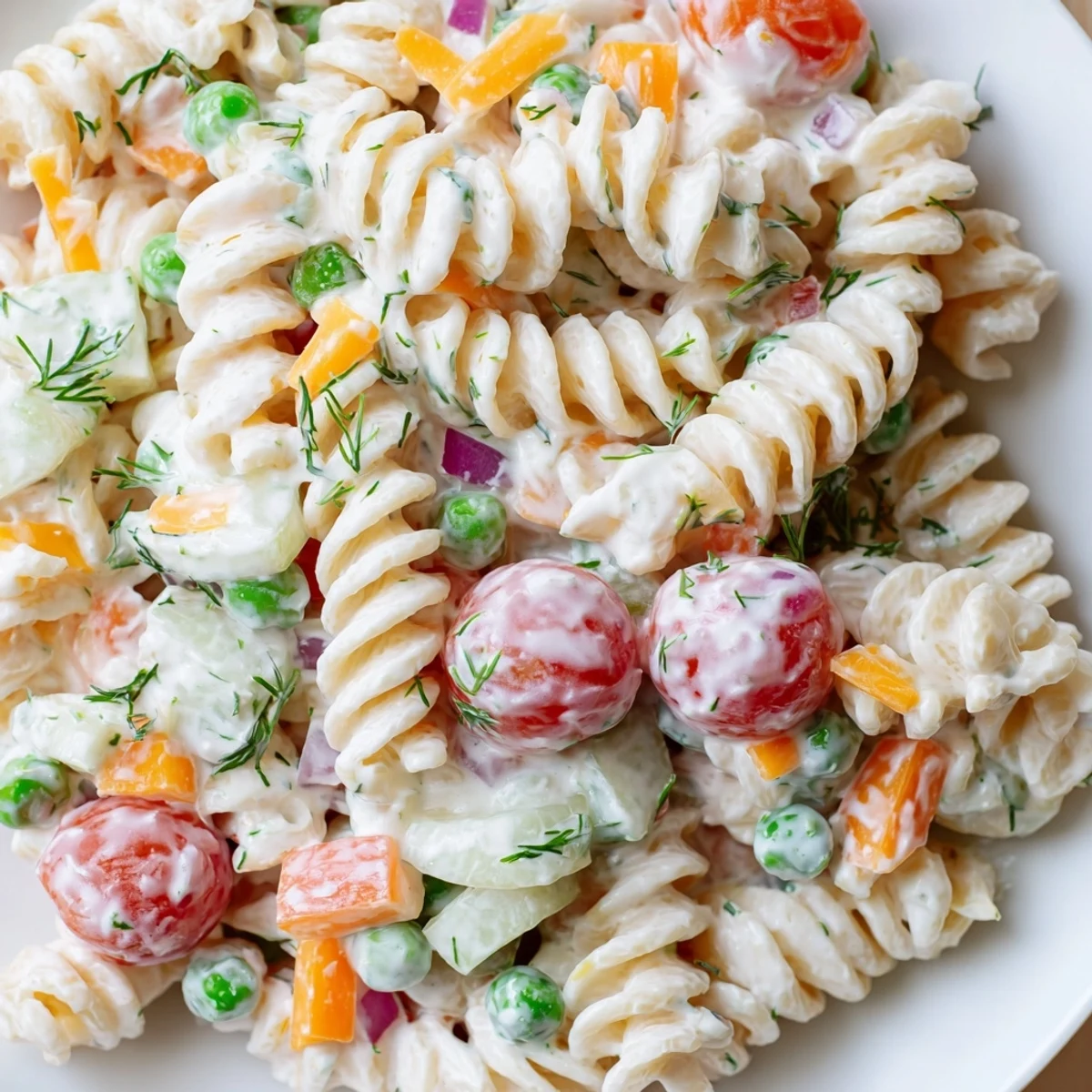 Chilled Creamy Ranch Pasta Salad topped with diced cucumbers, tomatoes, and herbs