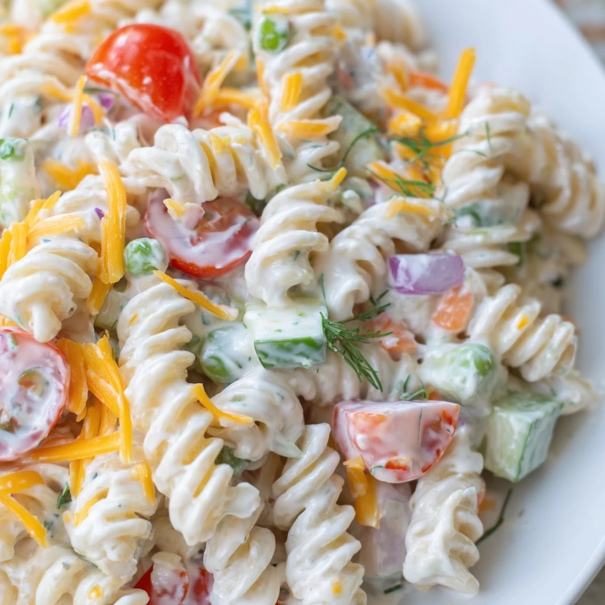 Spoonful of Creamy Ranch Pasta Salad showcasing tender pasta and crisp vegetables