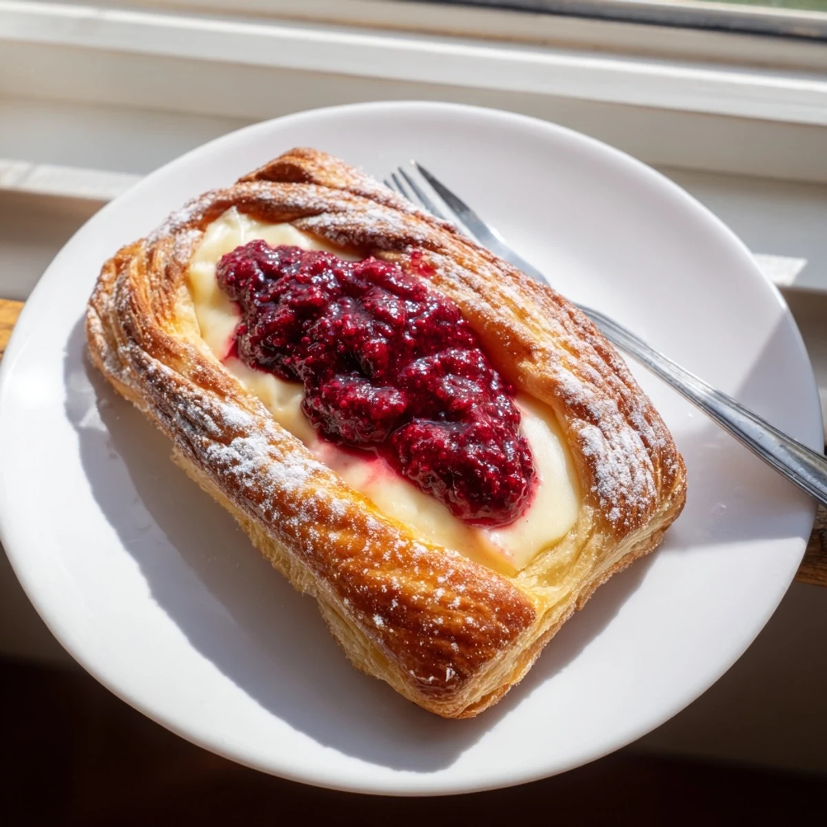 Golden Sourdough Discard Raspberry Cream Cheese Danishes drizzled with sweet vanilla glaze on a rustic baking sheet